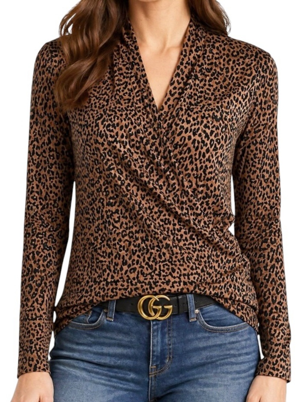 Lands End Leopard Surplice Wrap Top Womens M Stretch Long Sleeve
